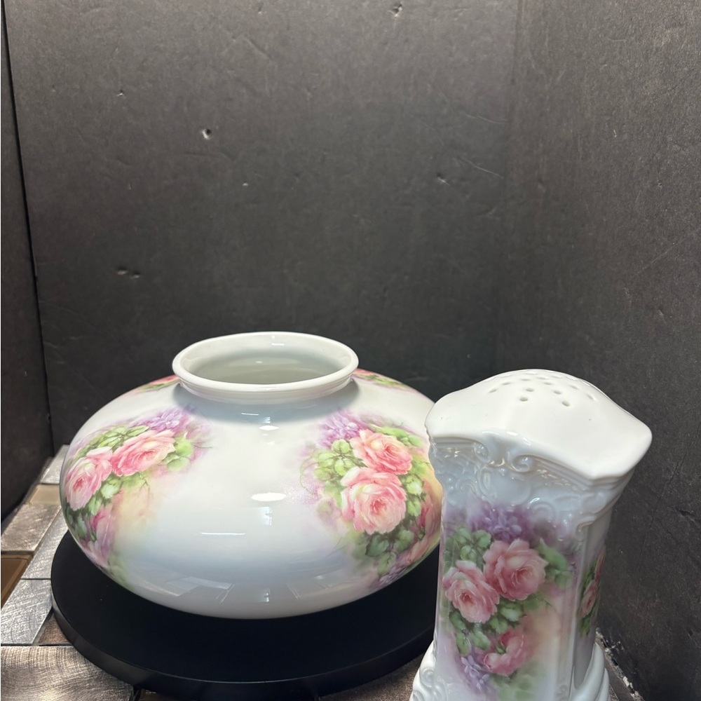 Vintage by Ruth hand painted Floral Porcelain Vase and hat pin holder/ shakerSet